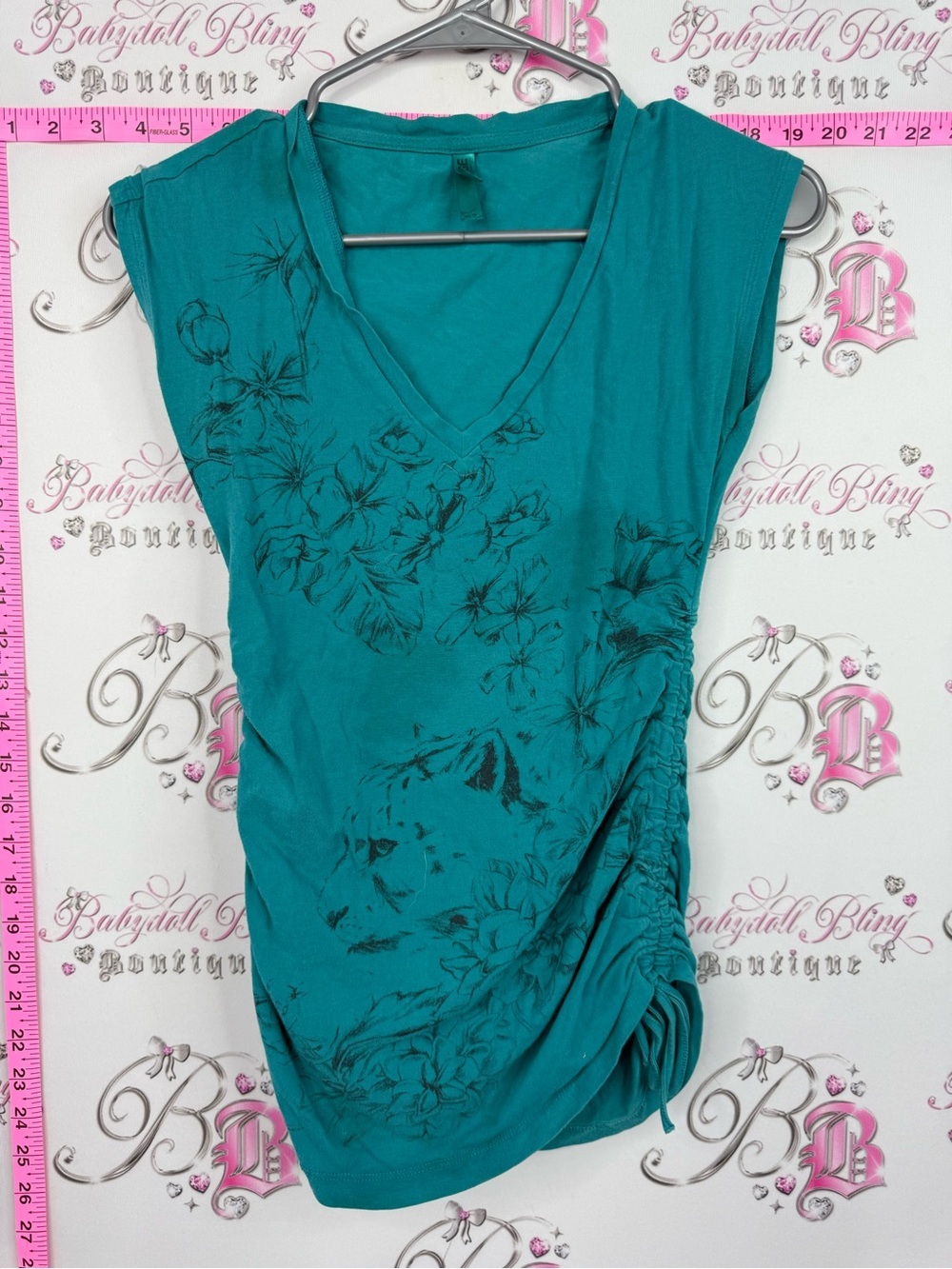 Garage y2k top Teal Floral Ruched V-Neck Tank Top